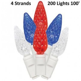 Patriotic 200 Red White & Blue C6 LED Lights on White Wire on 4-25' Strands