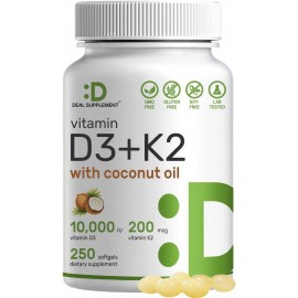 Vitamin D3 10,000 IU + K2 MK7 200 Mcg, Infused With Virgin Coconut Oil - Very Easy To Swallow